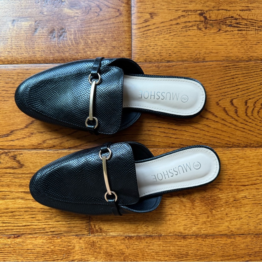 Black Textured Mules with Gold Accent